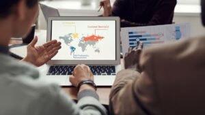 Business professionals collaborating on digital innovation, entrepreneurship, and startup growth using modern technology.