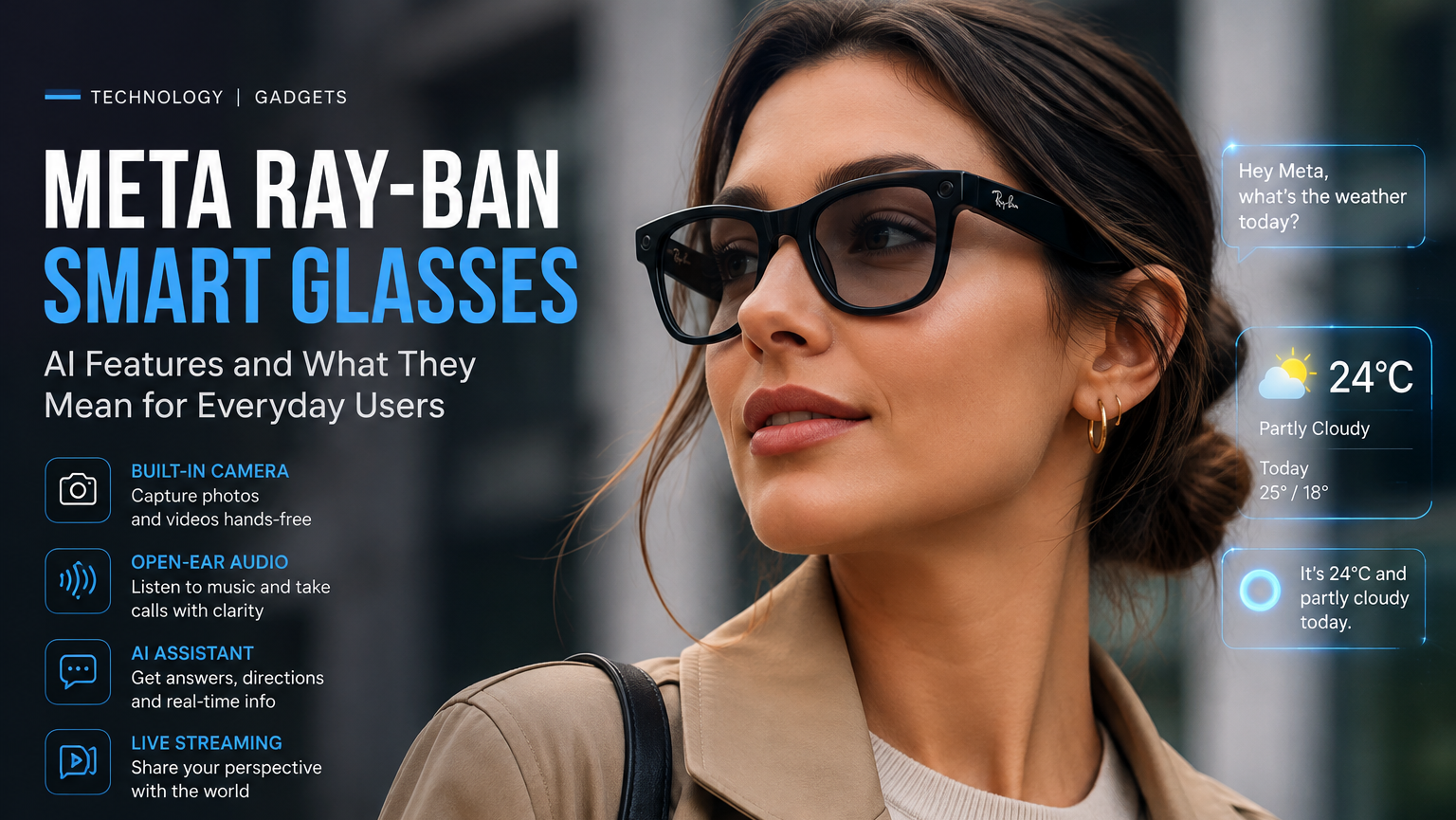Meta Ray-Ban Smart Glasses with AI features worn by a woman, demonstrating smart wearable technology and hands-free AI assistance in 2026.