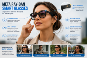 Meta Ray-Ban Smart Glasses infographic explaining AI features, built-in camera, voice assistant, smart notifications, and wearable technology.