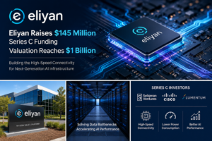 Infographic showing Eliyan AI Startup, AI chip connectivity technology, $145 million funding, $1 billion valuation, and next-generation AI infrastructure.
