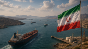 Iranian flag and oil tankers near the Strait of Hormuz